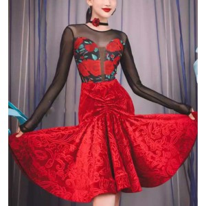 Women girls red flowers ballroom latin dance dresses salsa rumba chacha dancing costumes carnival stage performance skirts for lady